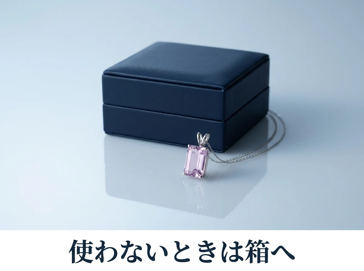 閉じたジュエリーケースの横に置いたクンツァイトのペンダント