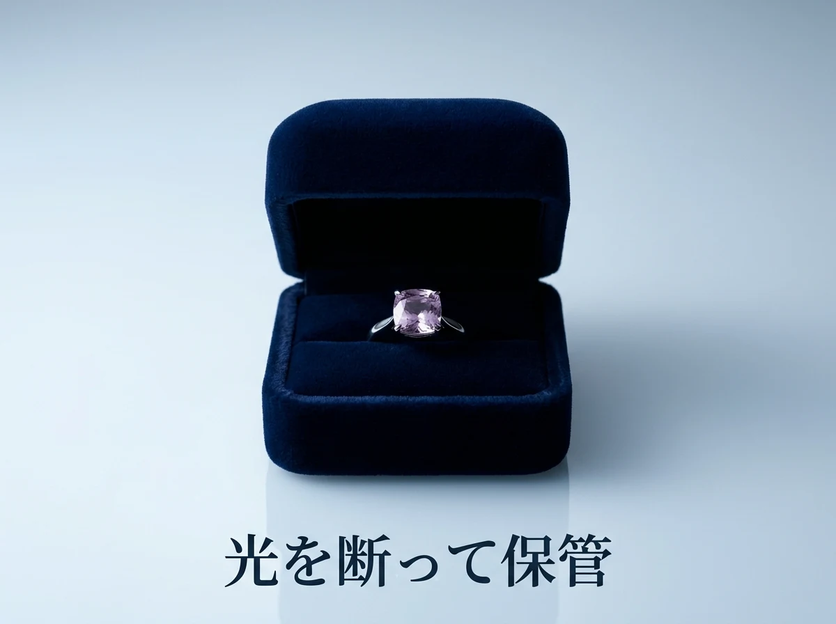 ふたを少し開けた濃紺のジュエリーケースの中に置かれたクンツァイトの指輪