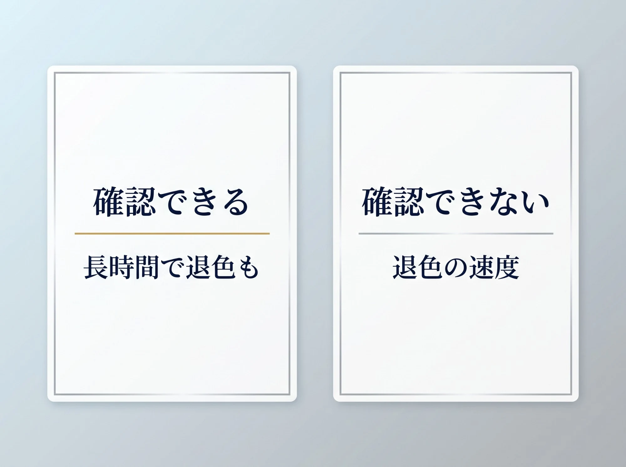 確認できること(長時間で退色することがある)と、確認できないこと(退色の速度)を左右に分けた図