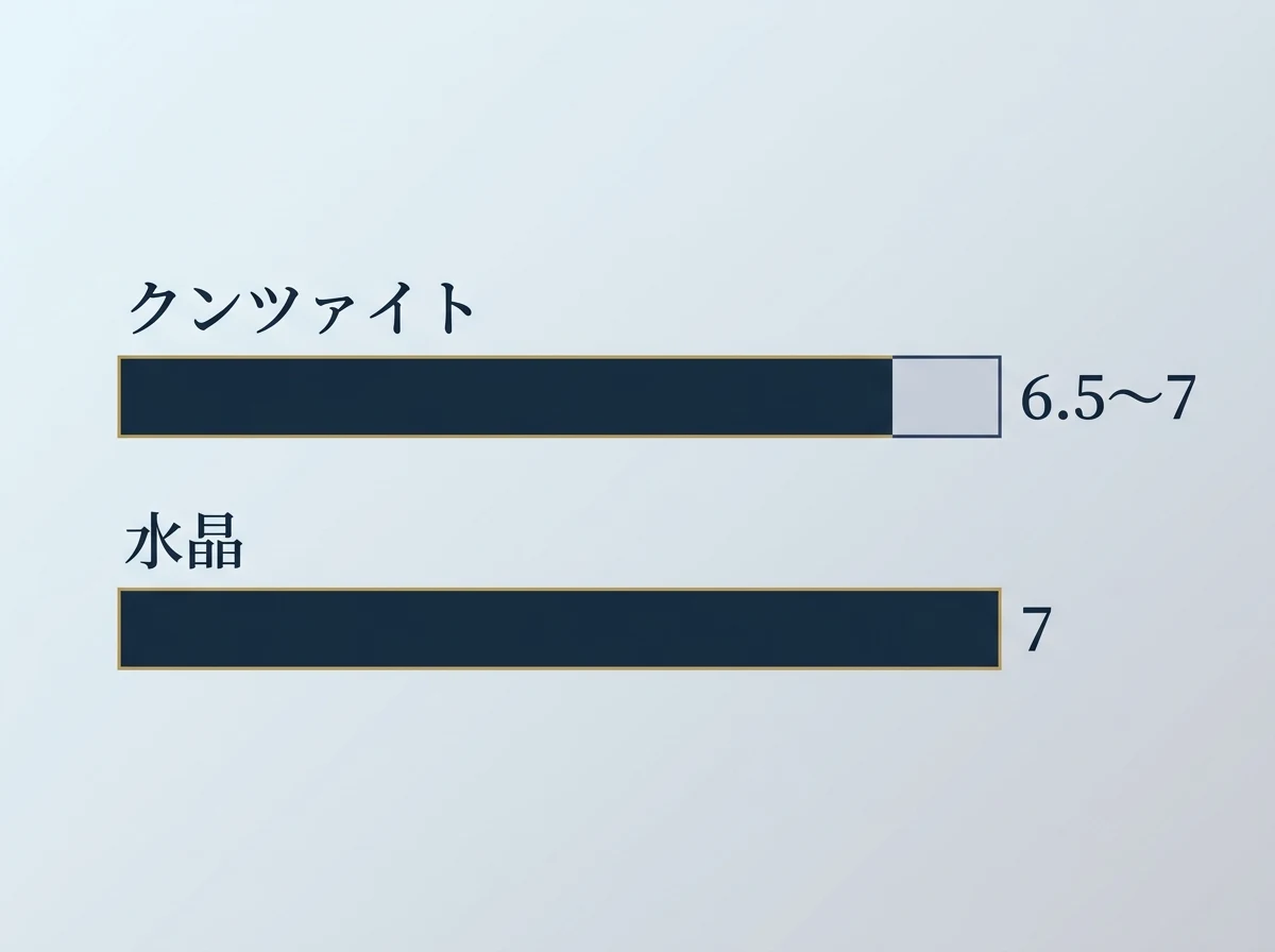 モース硬度の比較図。クンツァイトは6.5〜7で、水晶の7とほぼ同じ