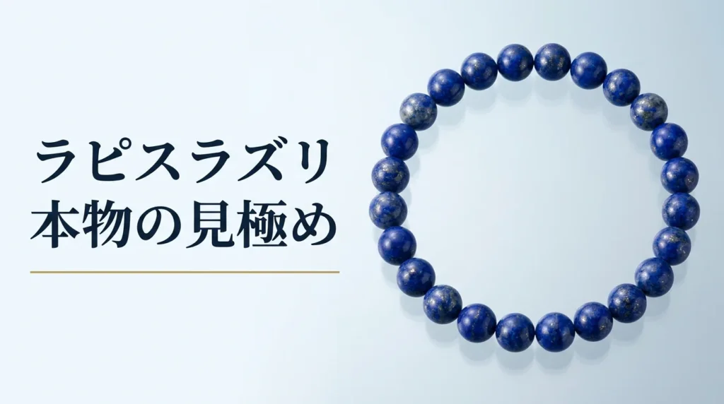 光沢のある面に置いた、金色の粒が散る濃い青のラピスラズリの丸玉を輪につないだブレスレットの写真。画像内の文字は「ラピスラズリ」「本物の見極め」