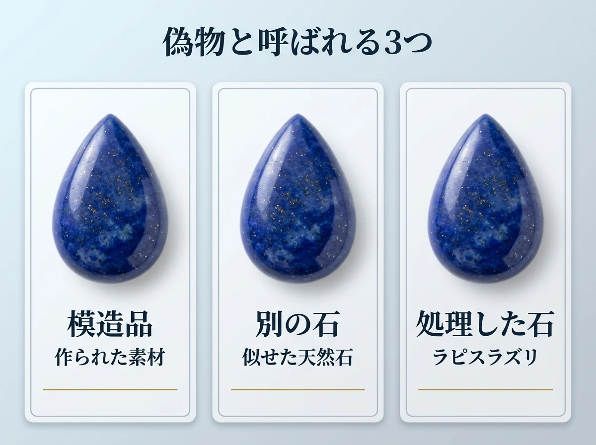 見た目のよく似た濃い青のしずく形の石を入れた3枚のカード。偽物と呼ばれるものが模造品・似せた別の石・処理したラピスラズリの3つに分かれることを示す図。画像内の文字は「偽物と呼ばれる3つ」「模造品」「作られた素材」「別の石」「似せた天然石」「処理した石」「ラピスラズリ」