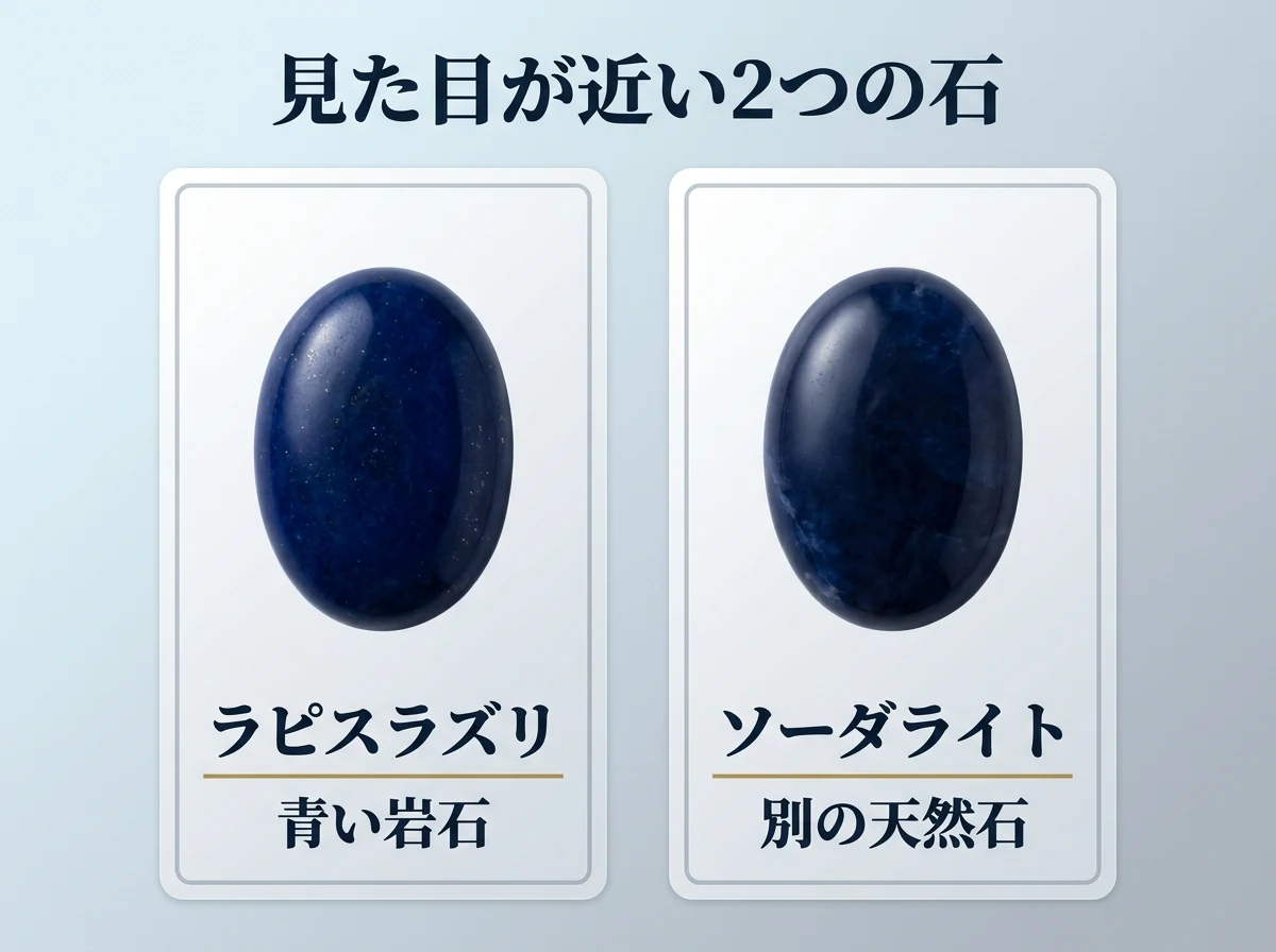 左にラピスラズリ、右にソーダライトを入れた2枚のカード。どちらも同じような濃い青に磨いた楕円形の石で、見た目の近い2つが別の石であることを示す図。画像内の文字は「見た目が近い2つの石」「ラピスラズリ」「青い岩石」「ソーダライト」「別の天然石」