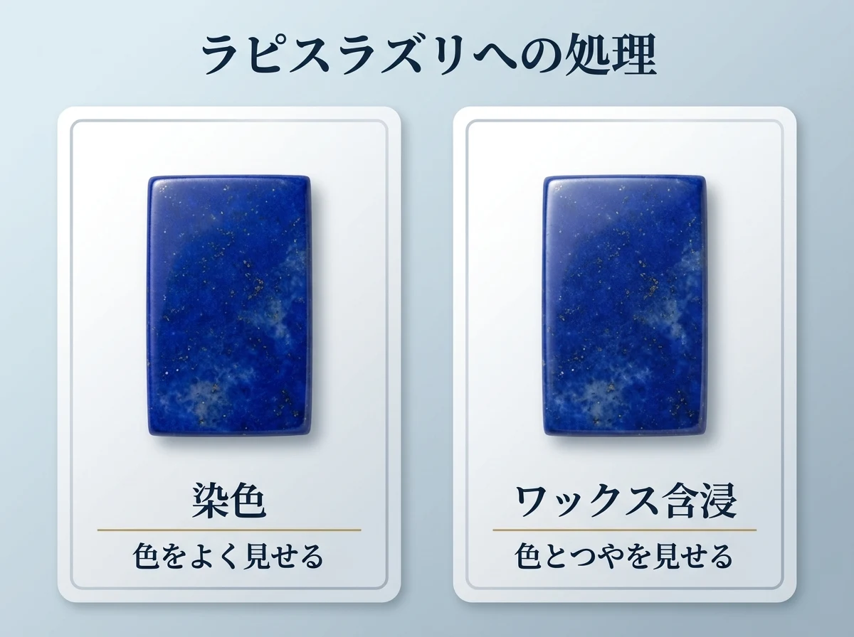同じ濃い青のラピスラズリの長方形の板を入れた2枚のカード。ラピスラズリに行われる染色とワックス含浸の2つの処理を示す図。画像内の文字は「ラピスラズリへの処理」「染色」「色をよく見せる」「ワックス含浸」「色とつやを見せる」