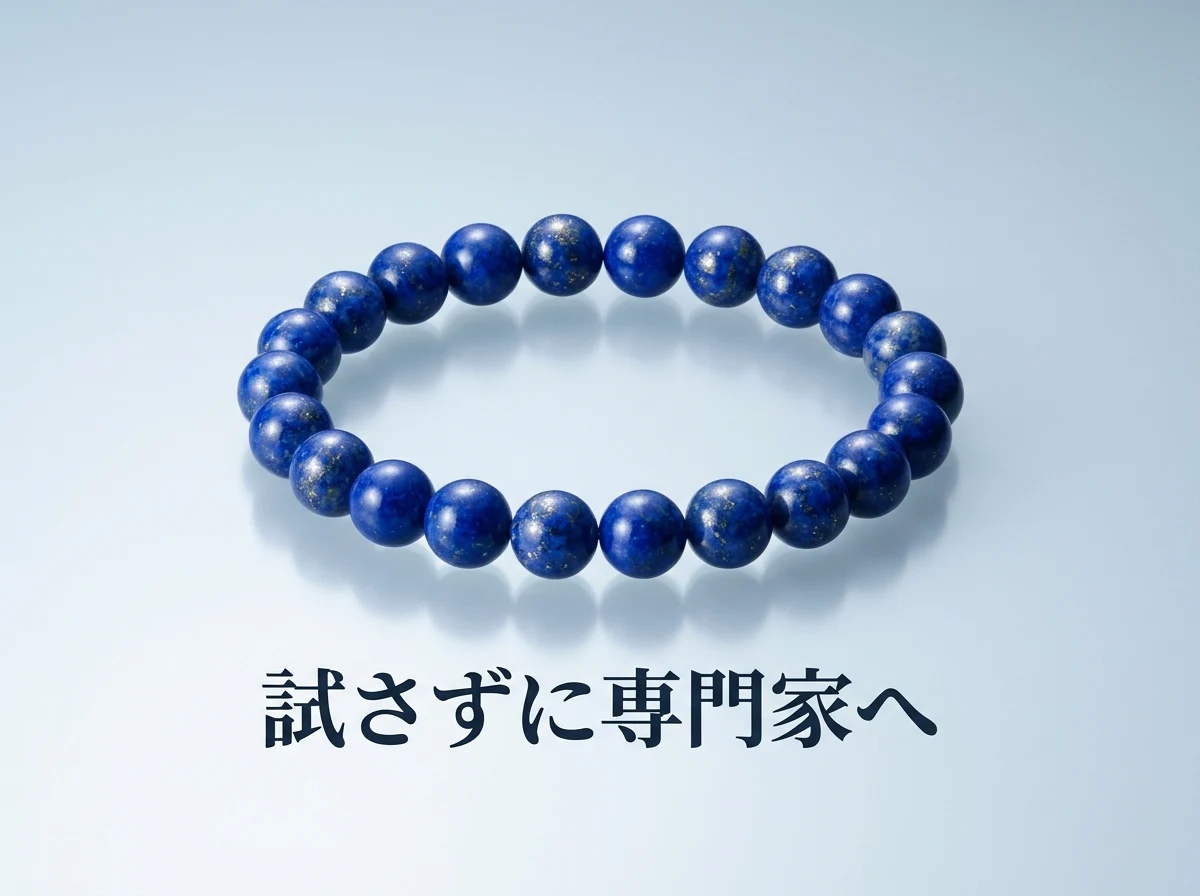 光沢のある面に静かに置いた、金色の粒が散る濃い青のラピスラズリの丸玉のブレスレットの写真。何も試さずに専門家へ見せることを示している。画像内の文字は「試さずに専門家へ」