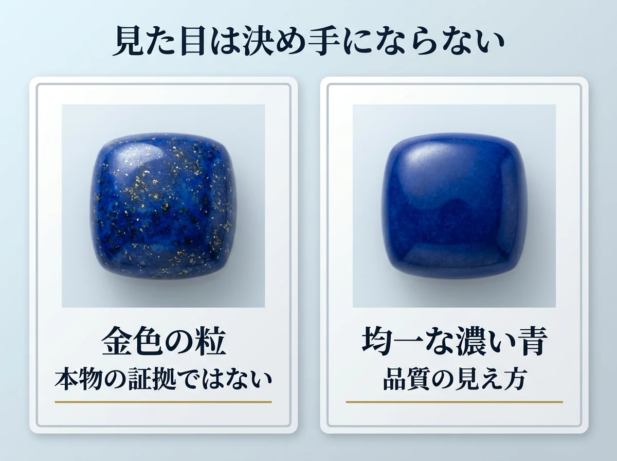 左に金色の粒がはっきり散るラピスラズリ、右にむらのない濃い青のラピスラズリを入れた2枚のカード。金色の粒も均一な濃い青も本物かどうかの決め手にならないことを示す図。画像内の文字は「見た目は決め手にならない」「金色の粒」「本物の証拠ではない」「均一な濃い青」「品質の見え方」
