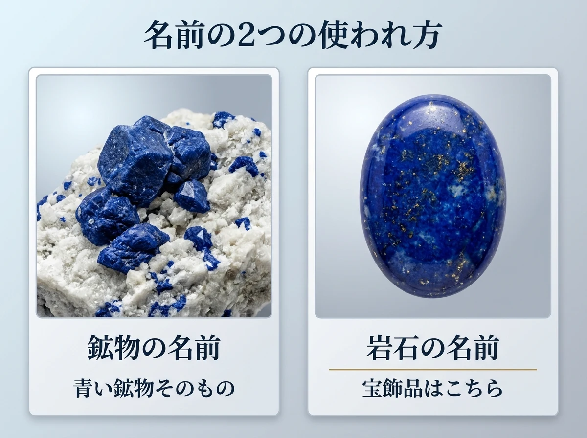 左に青い鉱物の結晶、右に磨いたラピスラズリのカボションを入れた2枚のカード。名前が鉱物にも岩石にも使われることを示す図