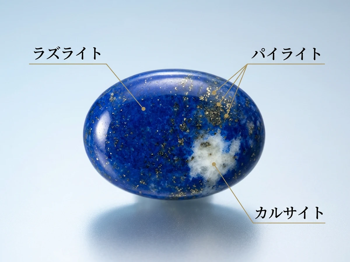 ラピスラズリのカボションの拡大写真。青い部分にラズライト、金色の粒にパイライト、白い斑点にカルサイトの名前を添えている