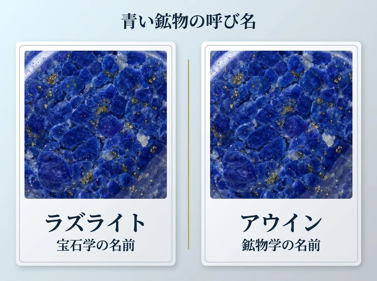 同じ深い青の鉱物の粒を入れた2枚のカード。宝石学ではラズライト、鉱物学ではアウインと呼ばれることを示す図