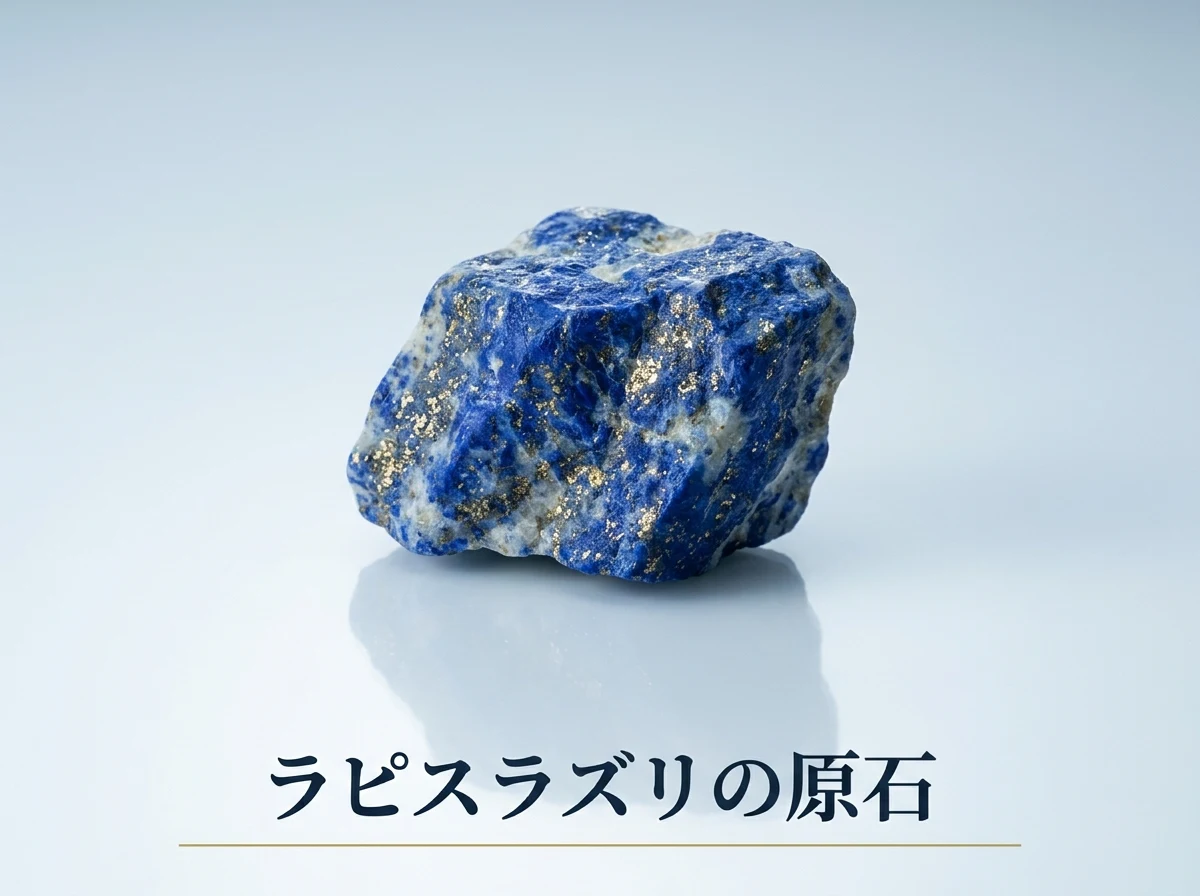 磨く前の、白っぽい母岩に濃い青と金色の粒が混じるラピスラズリの原石の写真