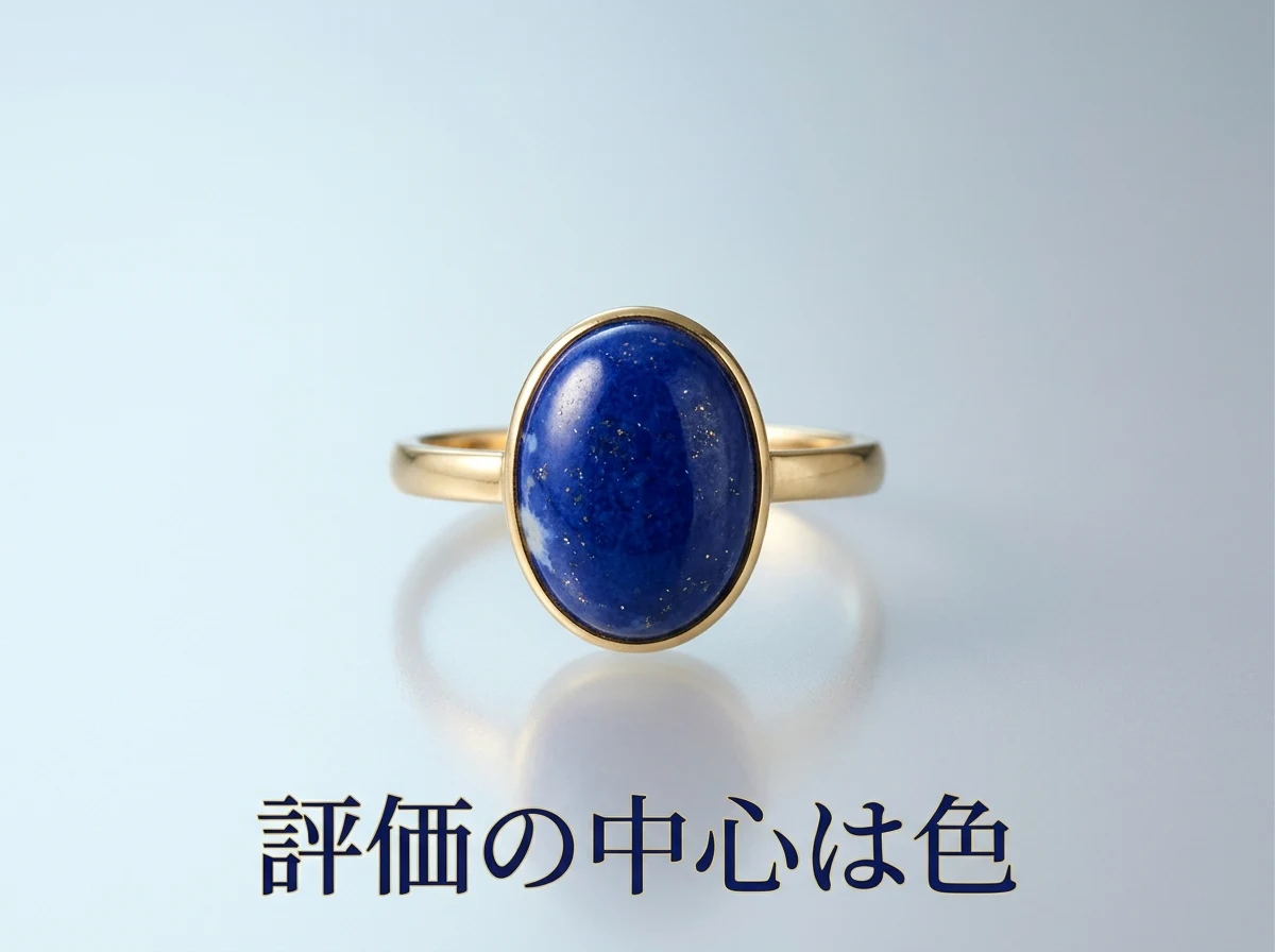 金色の枠に留めた、むらのない濃い青のラピスラズリの指輪の写真