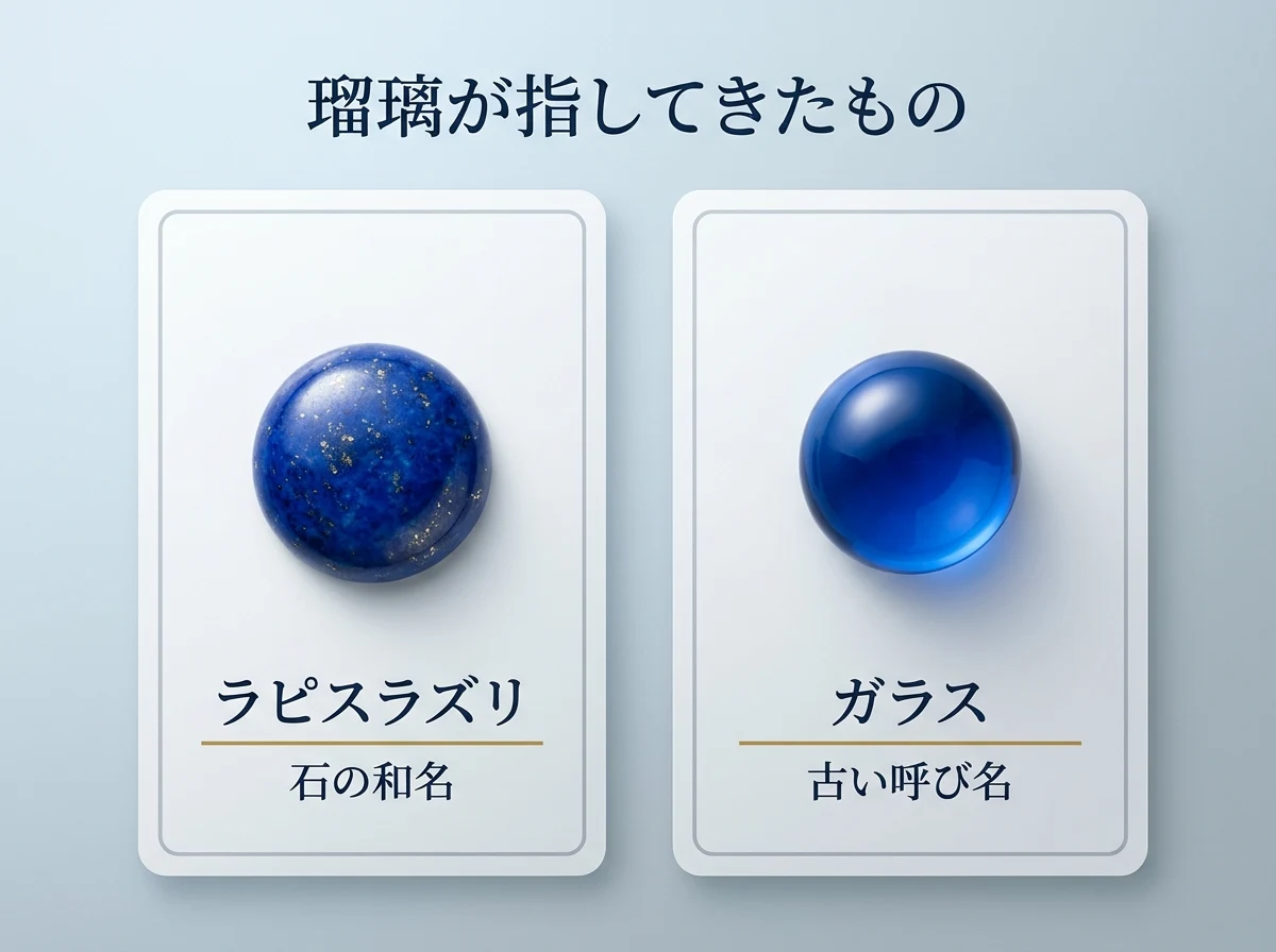 左に不透明な濃い青のラピスラズリの丸玉、右に透き通った濃い青のガラス玉を入れた2枚のカード。瑠璃という言葉が石とガラスの両方を指してきたことを示す図