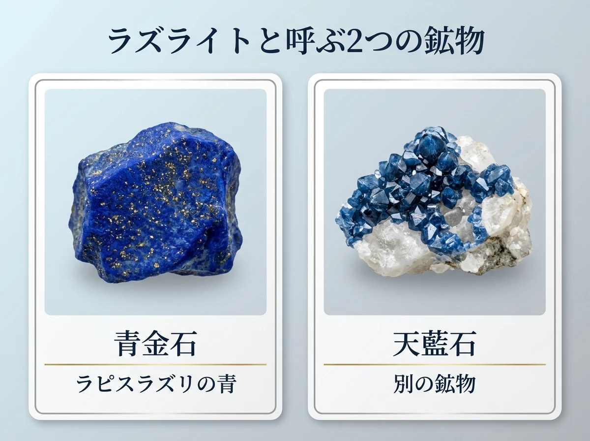 左に金色の粒が混じる濃い青のラピスラズリの原石、右に白い母岩についた藍色の天藍石の結晶を入れた2枚のカード。カタカナで同じラズライトと書かれる2つの鉱物を示す図