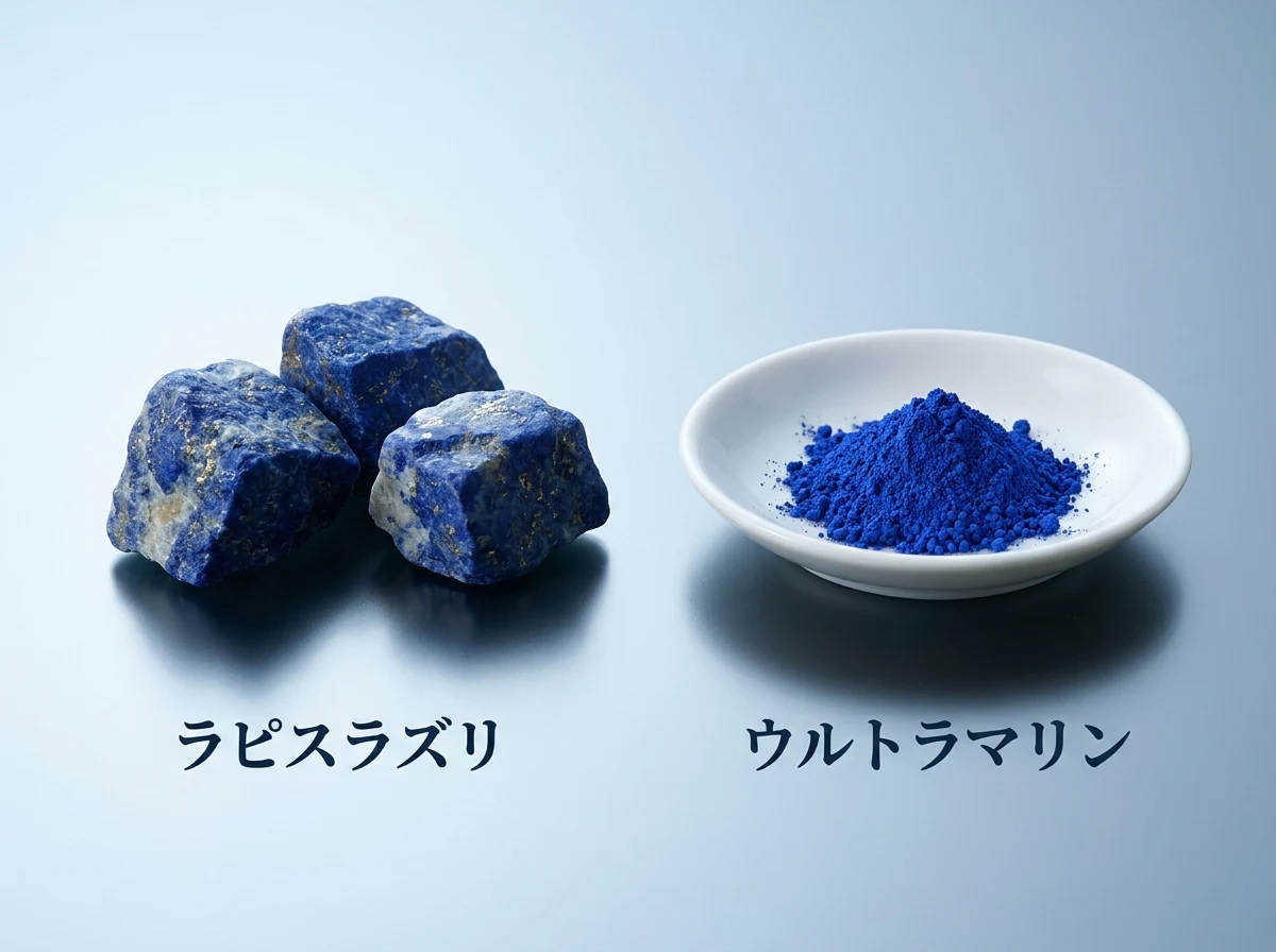 磨く前のラピスラズリの原石と、白い小皿に盛った鮮やかな青い顔料の粉を並べた写真。ラピスラズリからウルトラマリンの顔料が作られたことを示している。画像内の文字は「ラピスラズリ」「ウルトラマリン」
