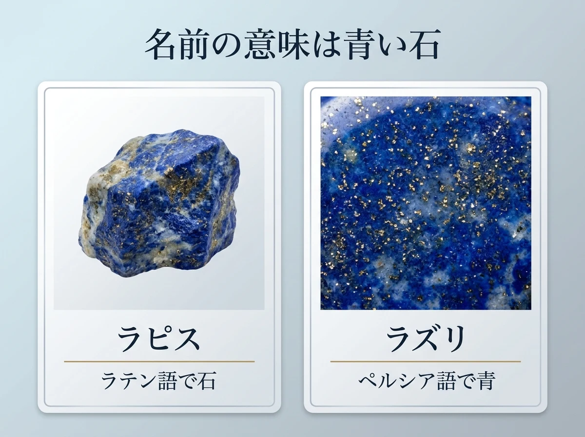 左にラピスラズリの原石、右に濃い青の磨いた面の拡大を入れた2枚のカード。ラピスはラテン語で石、ラズリはペルシア語で青を意味することを示す図