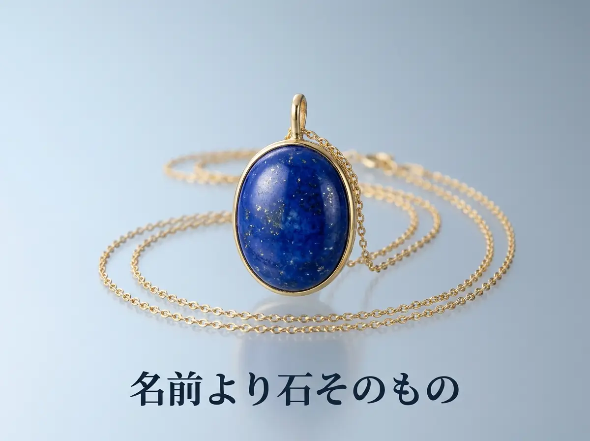 光沢のある面に置いた、金色の枠に濃い青のラピスラズリを留めたペンダントの写真。画像内の文字は「名前より石そのもの」