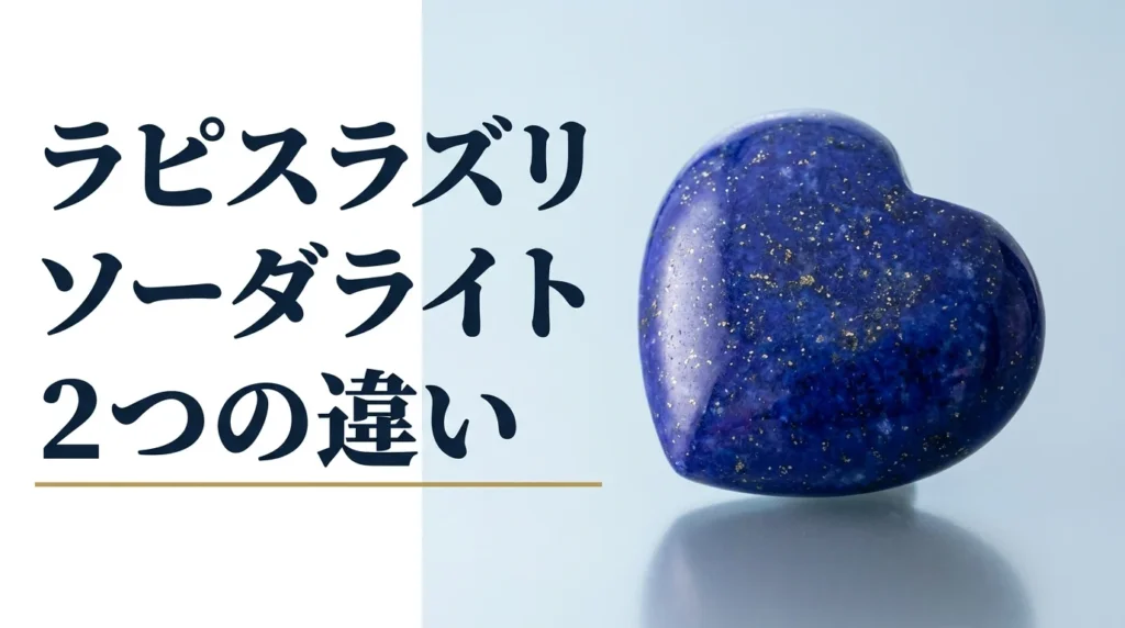光沢のある面に置いた、金色の粒が散る濃い青のラピスラズリをハート形に磨いた石の写真。画像内の文字は「ラピスラズリ」「ソーダライト」「2つの違い」