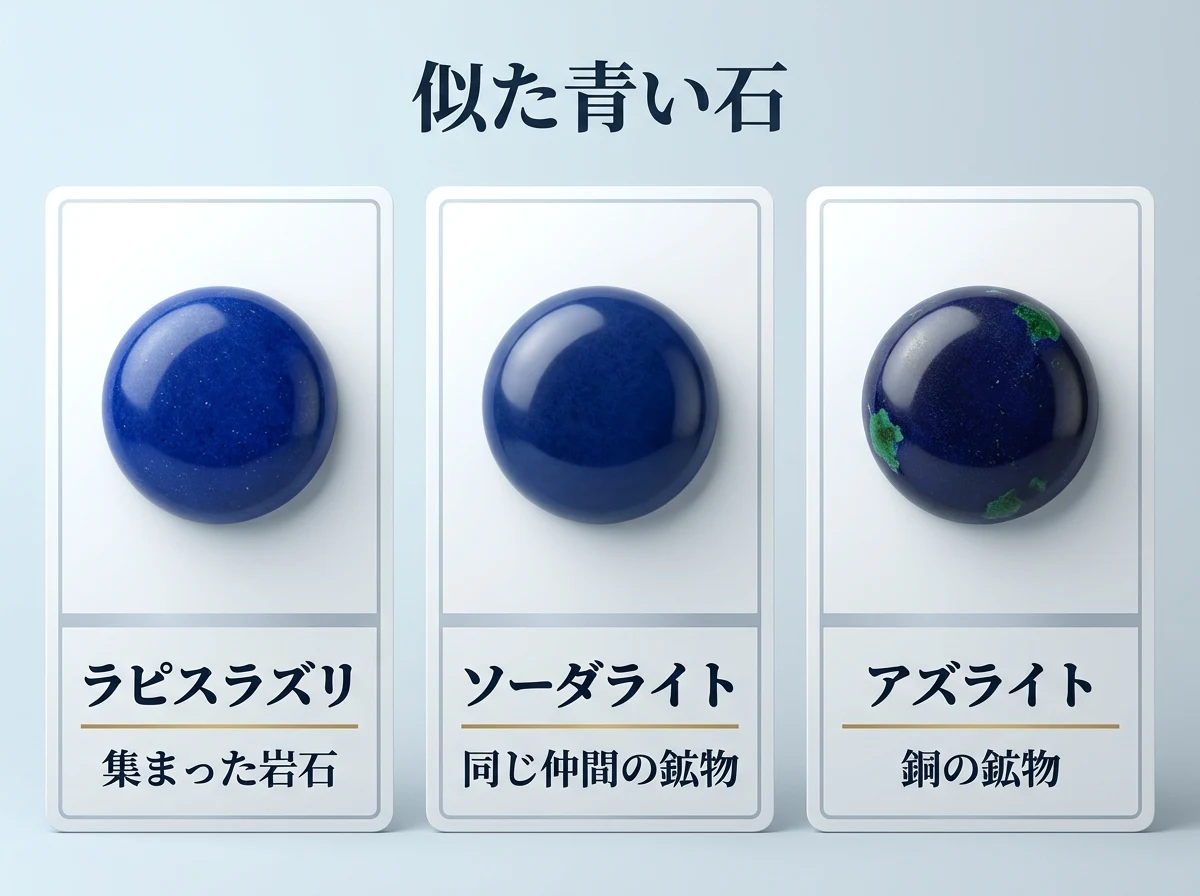 左から、ラピスラズリ・ソーダライト・アズライトの濃い青の丸いカボションを入れた3枚のカード。ラピスラズリは鉱物が集まった岩石、ソーダライトは同じ仲間の鉱物、アズライトは銅の鉱物であることを示す図。画像内の文字は「似た青い石」「ラピスラズリ」「集まった岩石」「ソーダライト」「同じ仲間の鉱物」「アズライト」「銅の鉱物」