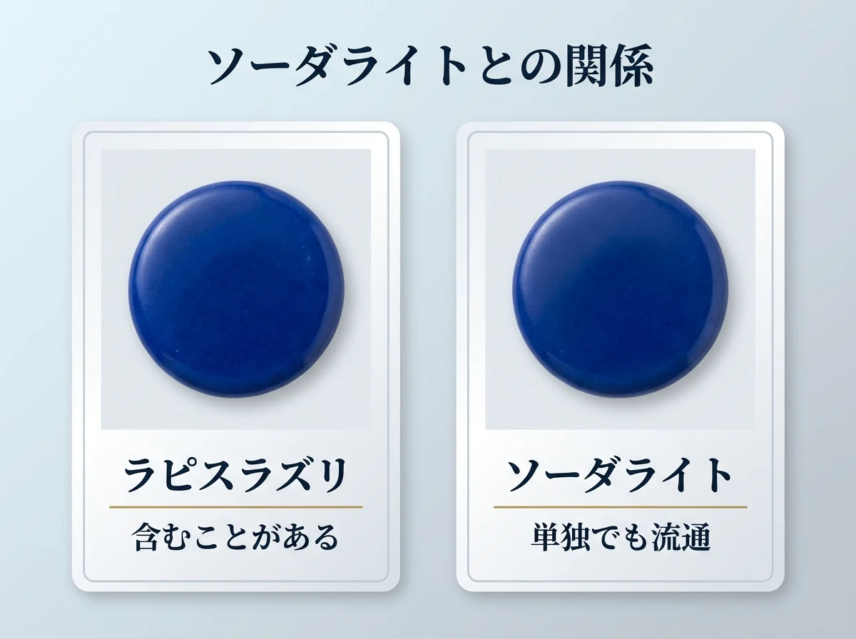 左にラピスラズリ、右にソーダライトを入れた2枚のカード。どちらも同じような濃い青の平たい円形に磨いた石で、ラピスラズリはソーダライトを含むことがあり、ソーダライトは単独でも流通することを示す図。画像内の文字は「ソーダライトとの関係」「ラピスラズリ」「含むことがある」「ソーダライト」「単独でも流通」