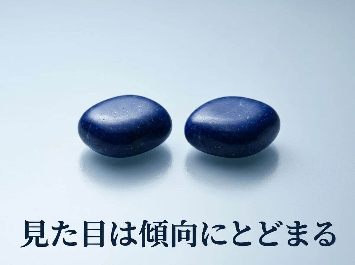 光沢のある面に並べた、見た目のよく似た濃い青に磨いた2つの石の写真。どちらの石かを示さず、見た目は傾向にとどまることを示している。画像内の文字は「見た目は傾向にとどまる」