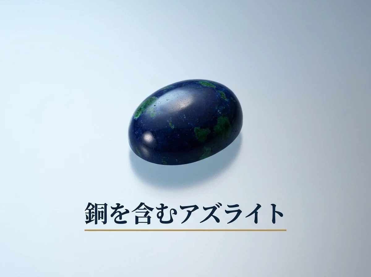 光沢のある面に置いた、深い藍色に緑色のマラカイトの斑が入り混じるアズライトを磨いた石の写真。アズライトが銅を含む鉱物であることを示している。画像内の文字は「銅を含むアズライト」