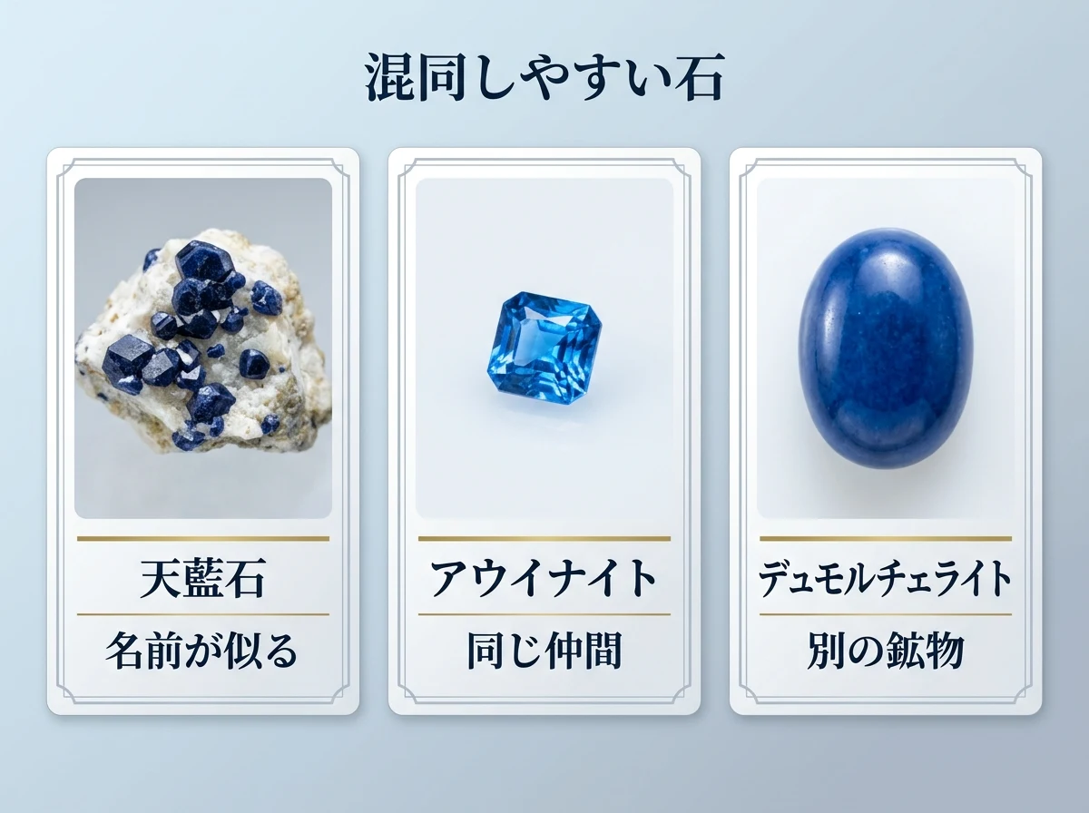 左から、白っぽい母岩についた藍色の天藍石の小さな結晶、透き通った鮮やかな青のアウイナイトの小さな粒、不透明な濃い青のデュモルチェライトを磨いた石を入れた3枚のカード。天藍石は名前が似る石、アウイナイトは同じ仲間、デュモルチェライトは別の鉱物であることを示す図。画像内の文字は「混同しやすい石」「天藍石」「名前が似る」「アウイナイト」「同じ仲間」「デュモルチェライト」「別の鉱物」