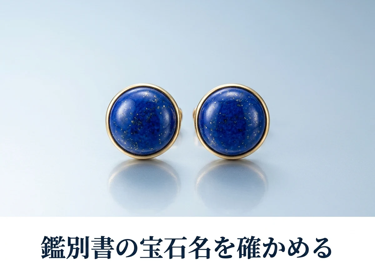 光沢のある面に置いた、金色の枠に濃い青の石を留めた一対のカフスボタンの写真。手元の石は鑑別書の宝石名で確かめることを示している。画像内の文字は「鑑別書の宝石名を確かめる」