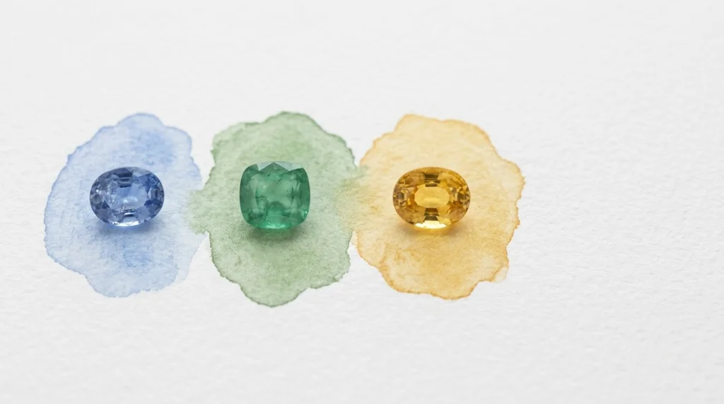 白い水彩紙に青・緑・黄金色の淡い絵の具のにじみがあり、その上に同じ色合いのカットされた宝石が3つ置かれている