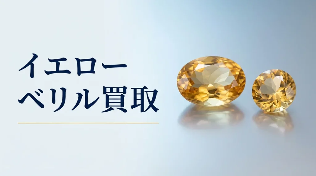光沢のある面に置いた、黄金色のイエローベリル（ヘリオドール）のルース2粒の写真