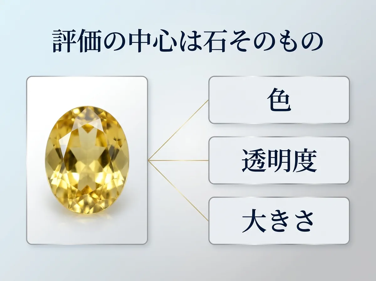 1粒の黄金色のイエローベリルと、色・透明度・大きさの3つを線で結んだ図。ジュエリー全体を評価するなかで、その中心にあるのは石そのものであることを示す