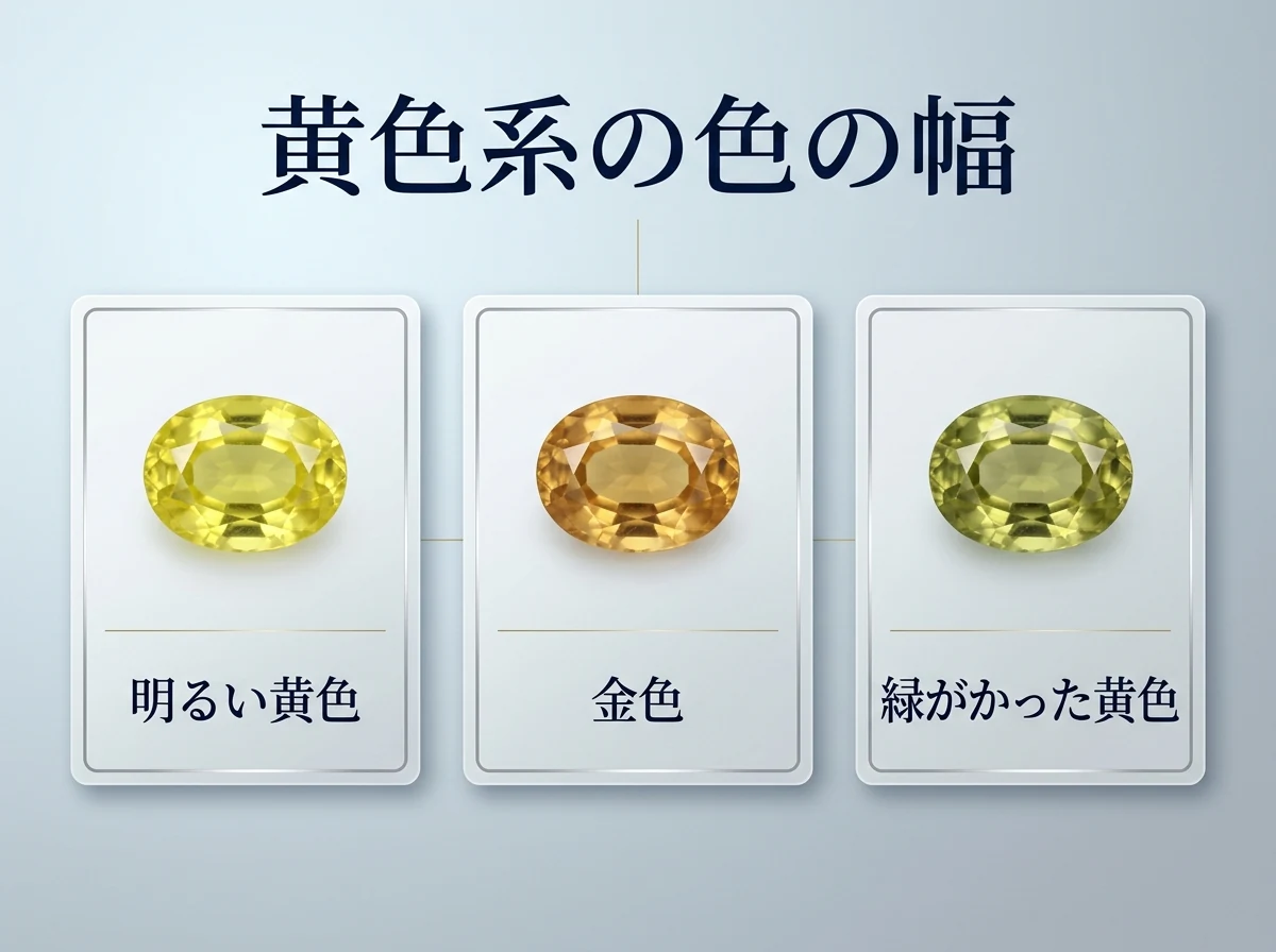 明るい黄色・金色・緑がかった黄色の3粒のベリルを並べた図。黄色系のベリルの色には幅があり、査定ではこの色味と、色の濃さ・鮮やかさを見る