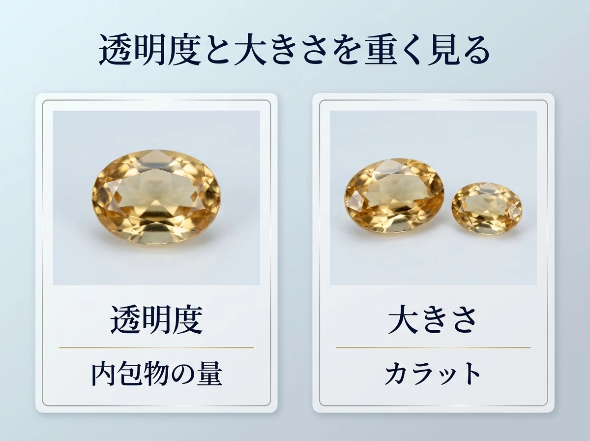 透明度と大きさを並べた図。透明度は内包物の量と見え方、大きさはカラットで見る。GIAの研究誌（1984年）がブラジルの産地について、上質な石、特に大きな石は少ないと記していることが、査定で透明度と大きさを重く見る理由を説明している