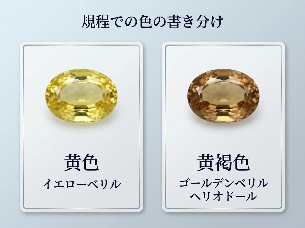 黄色と黄褐色の2粒のベリルを並べた図。AGLの規程では、黄色をイエローベリル、黄褐色をゴールデンベリルまたはヘリオドールと書き分けるため、鑑別書の名前から色の区分を読み取れる。ほかの機関の表記まで同じとは言い切れない