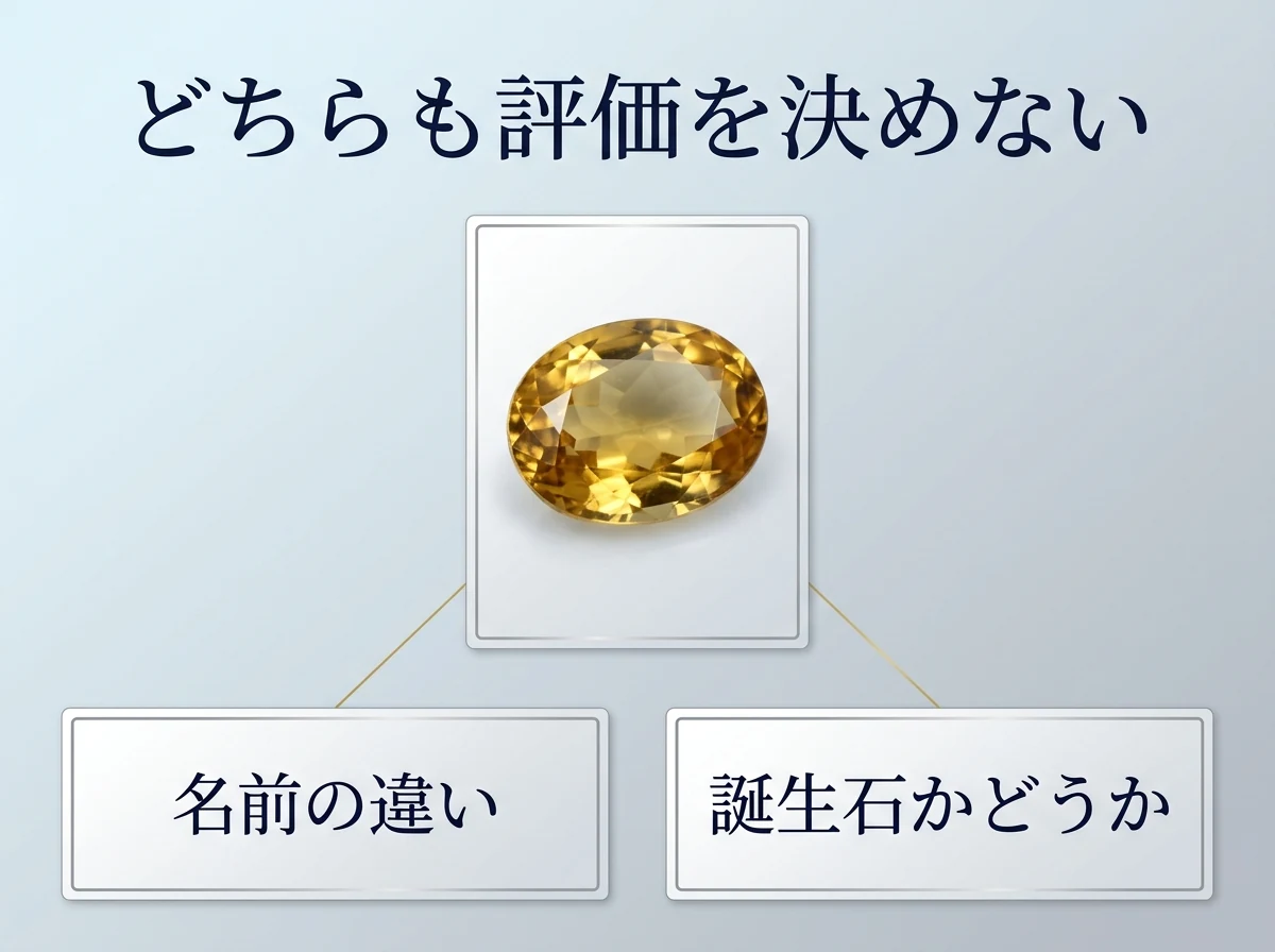 1粒の黄金色のベリルと、名前の違い・誕生石かどうかの2つを線で結んだ図。ヘリオドール・イエローベリル・ゴールデンベリルという名前の違いも、誕生石かどうかも、評価を決めないことを示す