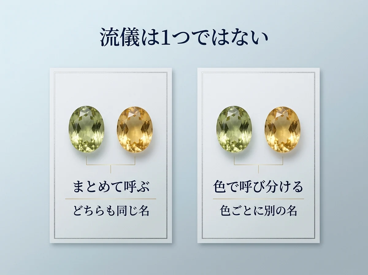 緑がかった黄色と金色の2粒のベリルを、同じ名前でまとめて呼ぶ流儀と、色で呼び分ける流儀に分けて並べた図