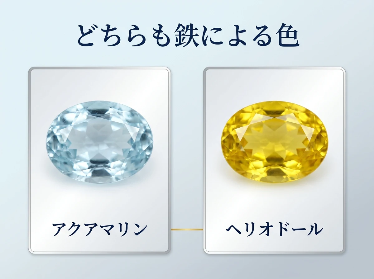 水色のアクアマリンと黄色のヘリオドールを並べた図。どちらも鉄によって色が付いていることを示す
