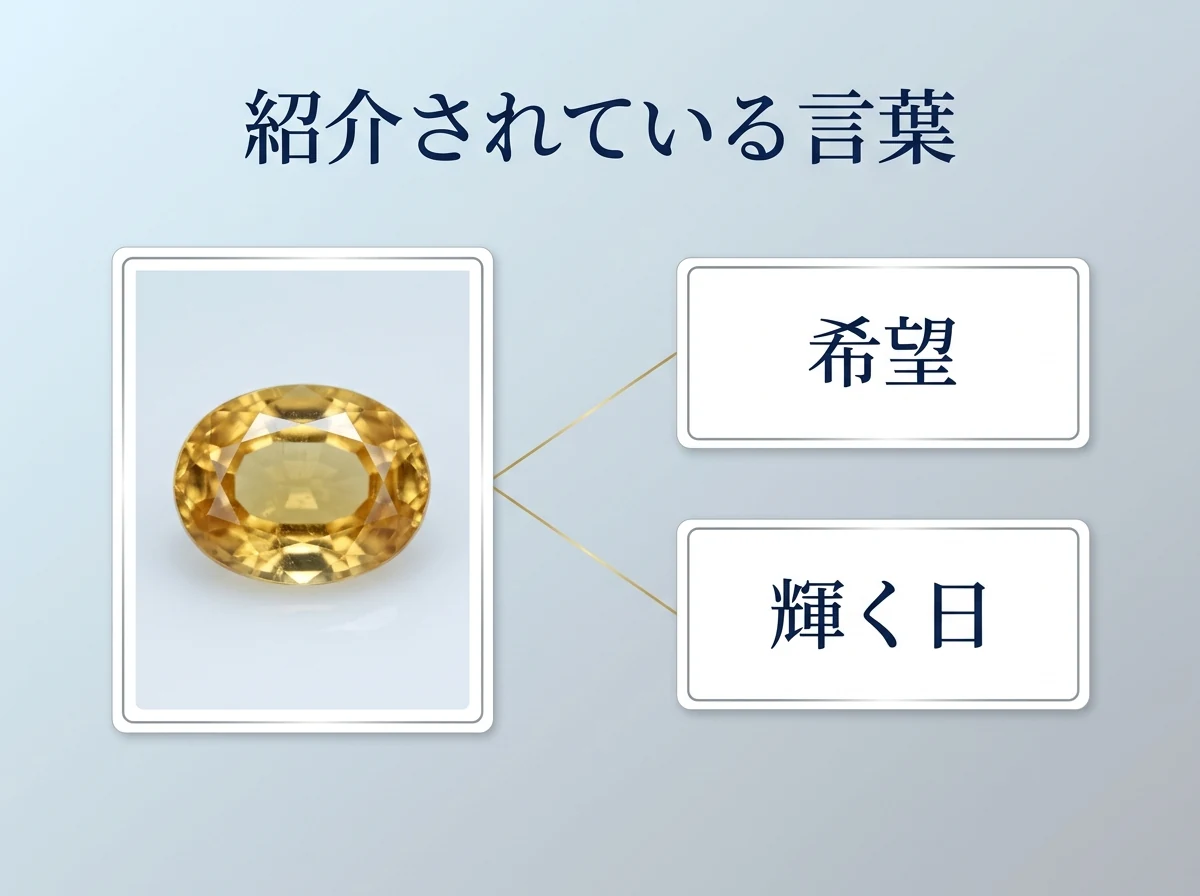 1粒の黄金色のヘリオドールと、石言葉として紹介されている「希望」「輝く日」の2つの言葉を線で結んだ図