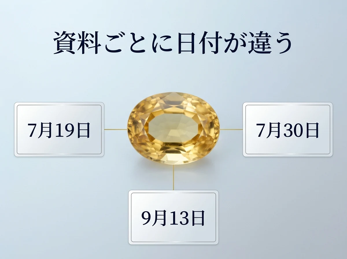 1粒の黄金色のヘリオドールのまわりに、7月19日・7月30日・9月13日の3つの日付を同じ大きさで並べた図。誕生日石の日付は資料ごとに違い、どれか1つが正しいわけではないことを示す